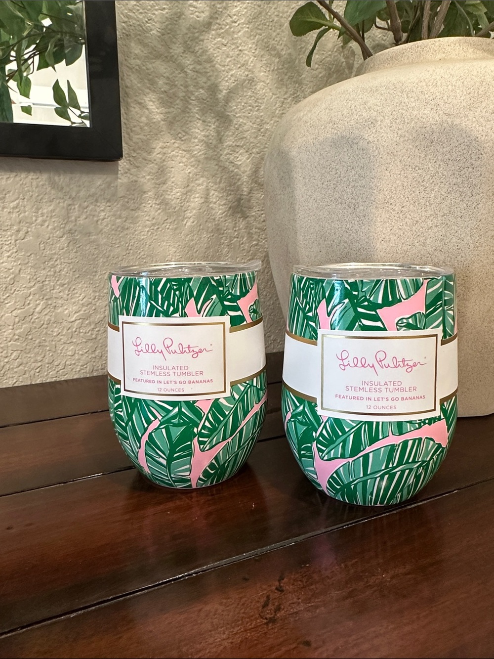 Lilly Pulitzer Pink & Green Tropical Leaf Insulated Stemless Tumblers (Set of 2)